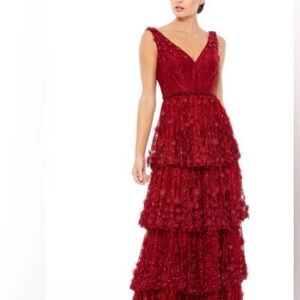 Mac Duggal Burgundy Appliqué Tiered Lace Evening Gown